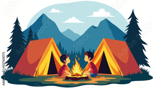 Boys sitting by campfire between tents in the mountains