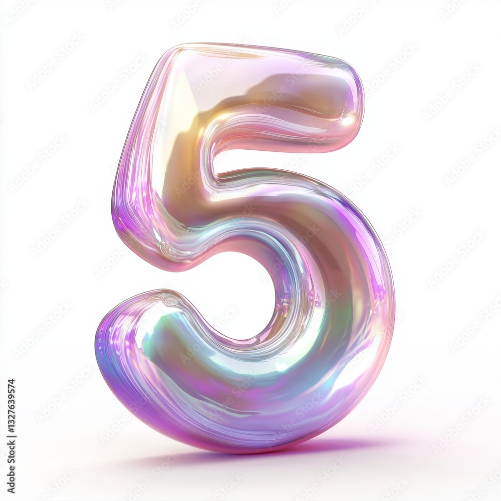 Number 5 with a smooth pearl shell texture with iridescent reflections, isolated on a pure white background Number 5 with a smooth pearl shell texture with iridescent reflections, isolated on a pure white background