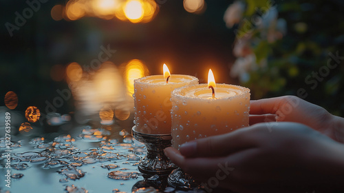 Hand Lighting Two Candles on Rosh Hashanah photo