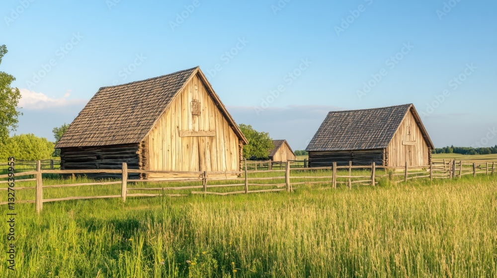 Obraz premium Charming Rustic Cabins at Sunset by the Lakeside