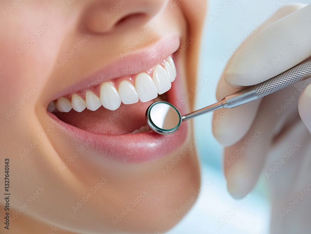 Fototapeta premium Dentist checks teeth of patient with dental mirror in clinic, healthy smile