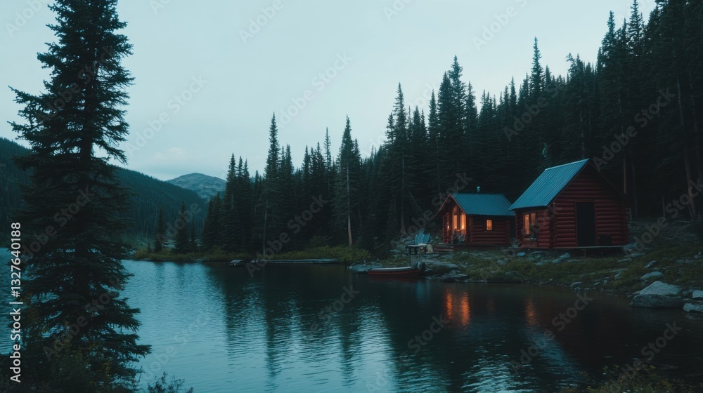 Fototapeta premium Charming Rustic Cabins by the Lake at Twilight