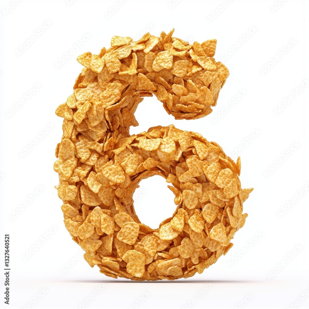 Number 6 with a crunchy cornflakes texture, isolated on a pure white background Number 6 with a crunchy cornflakes texture, isolated on a pure white background