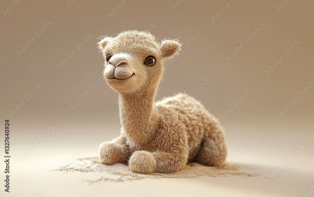 Baby camel playing in the sand, on a pastel beige background Baby camel playing in the sand, on a pastel beige background