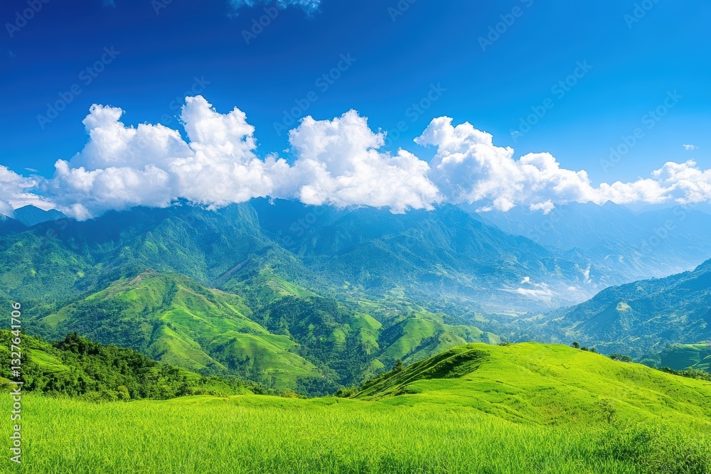 Fototapeta premium 青空と緑の山々が広がる風景、晴れた日の自然の美しさを楽しむことができる場所