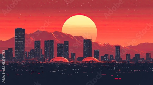 Futuristic cityscape on Mars with glowing domes, towering skyscrapers, and a massive sun over red mountains, depicting a sci-fi vision of human colonization
