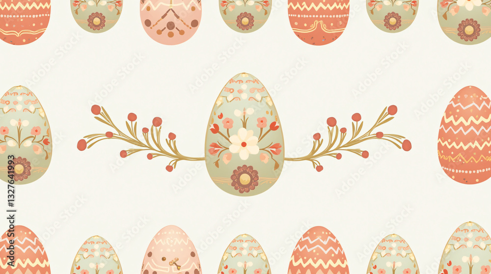 Easter eggs decorated with floral patterns and dots alongside red berries on pastel background Easter eggs decorated with floral patterns and dots alongside red berries on pastel background