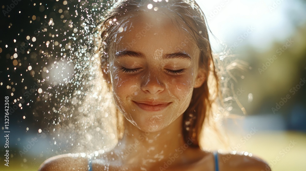 Fototapeta premium Young Woman Refreshing Face With Water Outdoors