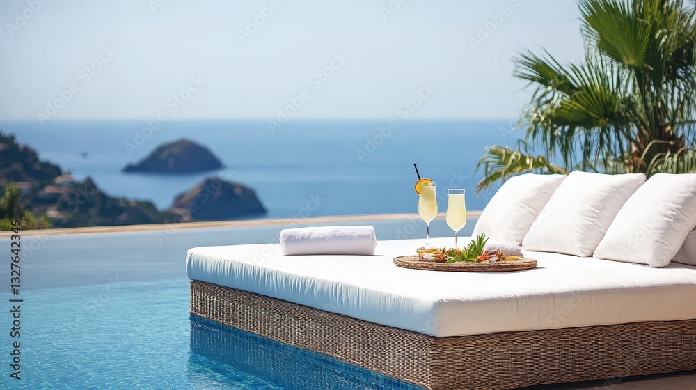 Obraz premium Of a Stylish poolside daybed with soft white cushions, tropical drinks, and ocean views in the background