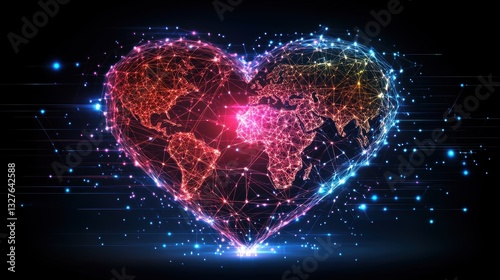 A glowing heart-shaped world map made of interconnected neon lines, symbolizing global connectivity, technology, and unity. Futuristic digital illustration with bright blue and red lights 