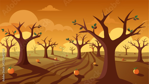 The only visitors to the orchard now are the withering trees themselves painfully bearing witness to their own demise.. Vector illustration