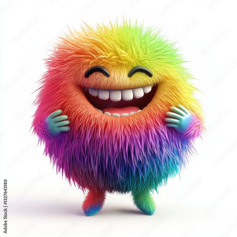 Fototapeta premium Bright rainbow-colored fluffy monster emoji with a cheerful wink and tiny hands, isolated on clear white background