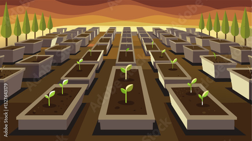 The oncepromising nursery was now a graveyard of failed attempts with rows of empty seedling trays standing as headstones for the hopes and dreams of a successful harvest.. Vector illustration