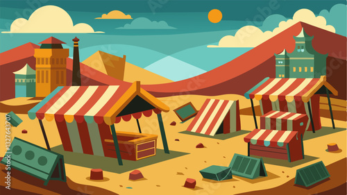 The overturned stands of a deserted market square represent the collapse of a community and its once prosperous economy.. Vector illustration