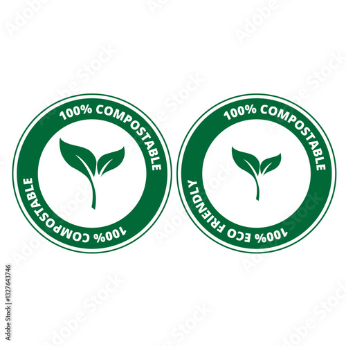 Green 100% compostable round signs on a white background
