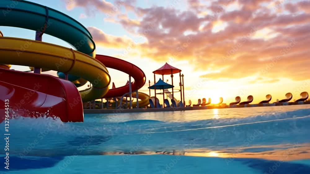 Colorful water slides at a vibrant water park during sunset, with splashes in the foreground