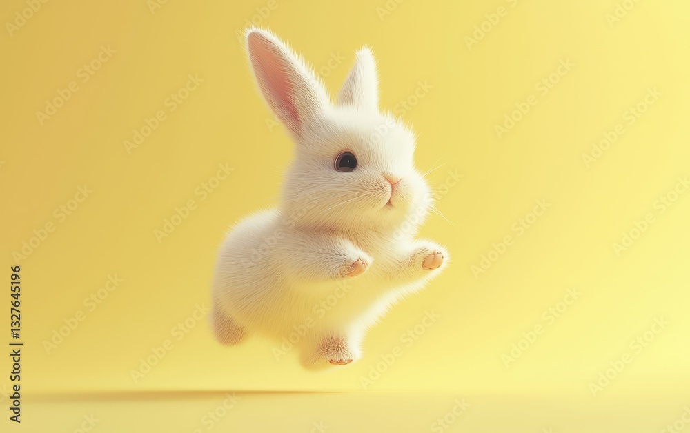 Fluffy bunny with long ears, hopping on a pastel yellow background Fluffy bunny with long ears, hopping on a pastel yellow background