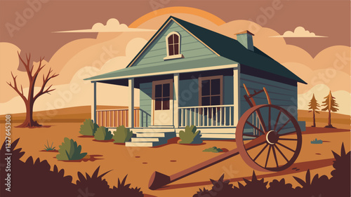 The old farmhouses porch serves as the final resting place for a battered and abandoned plow a stark reminder of the decline of farming in the area.. Vector illustration