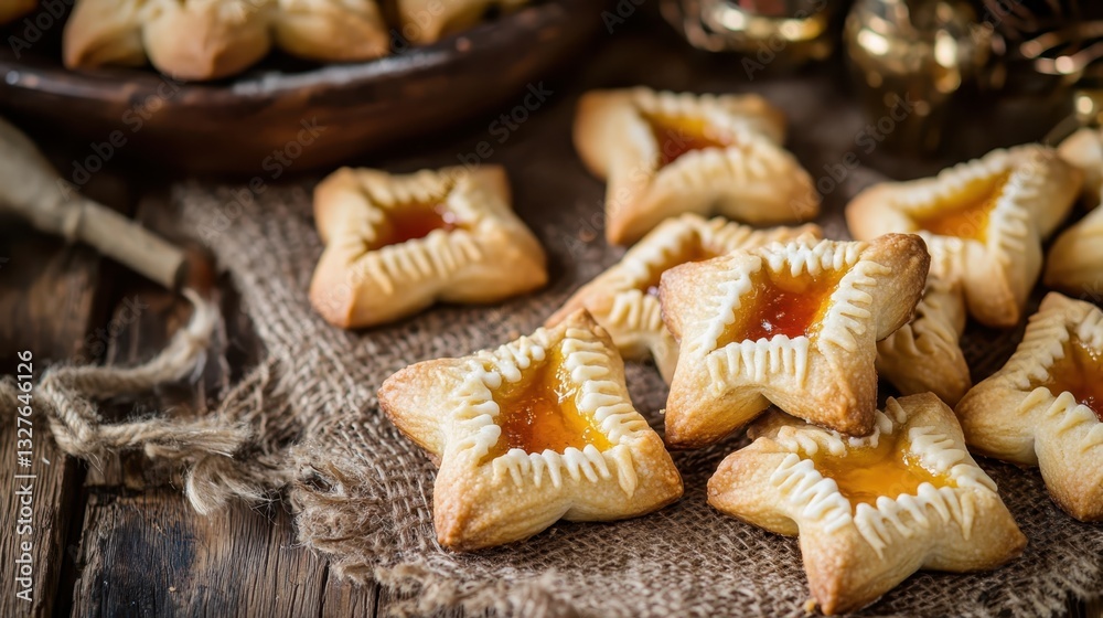 Fototapeta premium Delicious star-shaped pastries filled with fruit preserves arranged on a rustic wooden table during a festive gathering