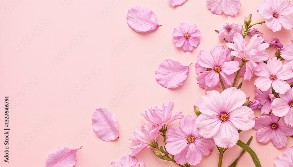 Fototapeta premium Pink wildflowers with scattered petals on a pastel pink background. A delicate and romantic floral arrangement evoking softness and tranquility.