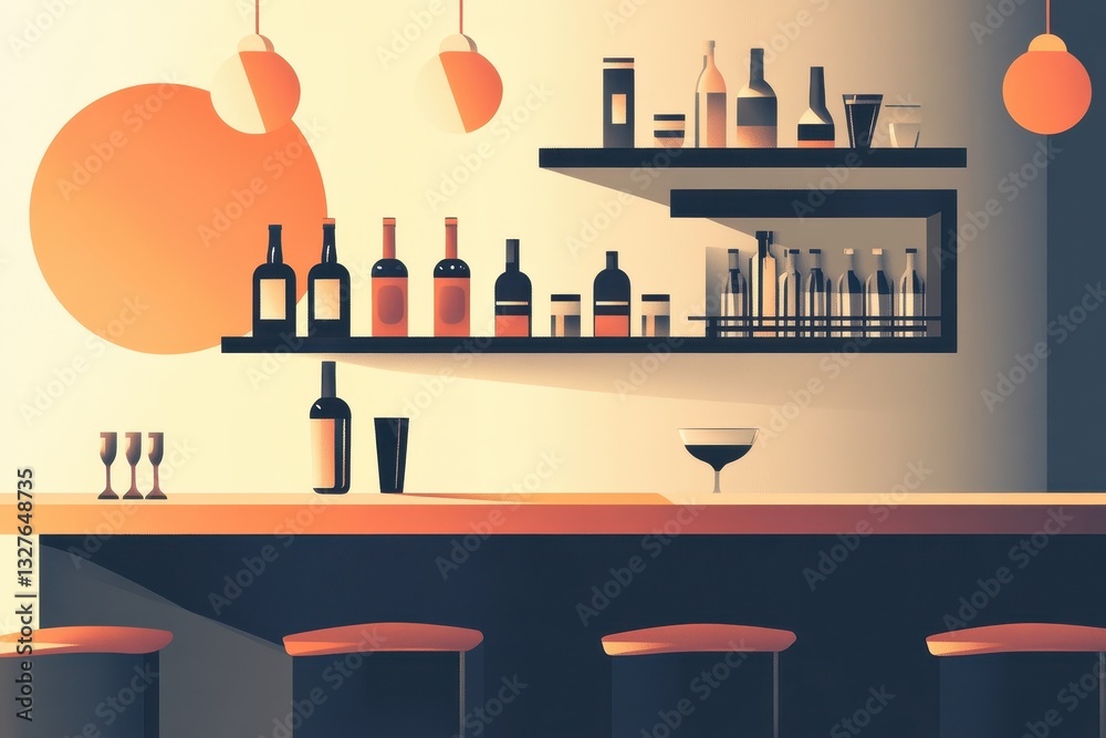 A Stylized Interior Depicting a Bar with Drinks and Seating A Stylized Interior Depicting a Bar with Drinks and Seating