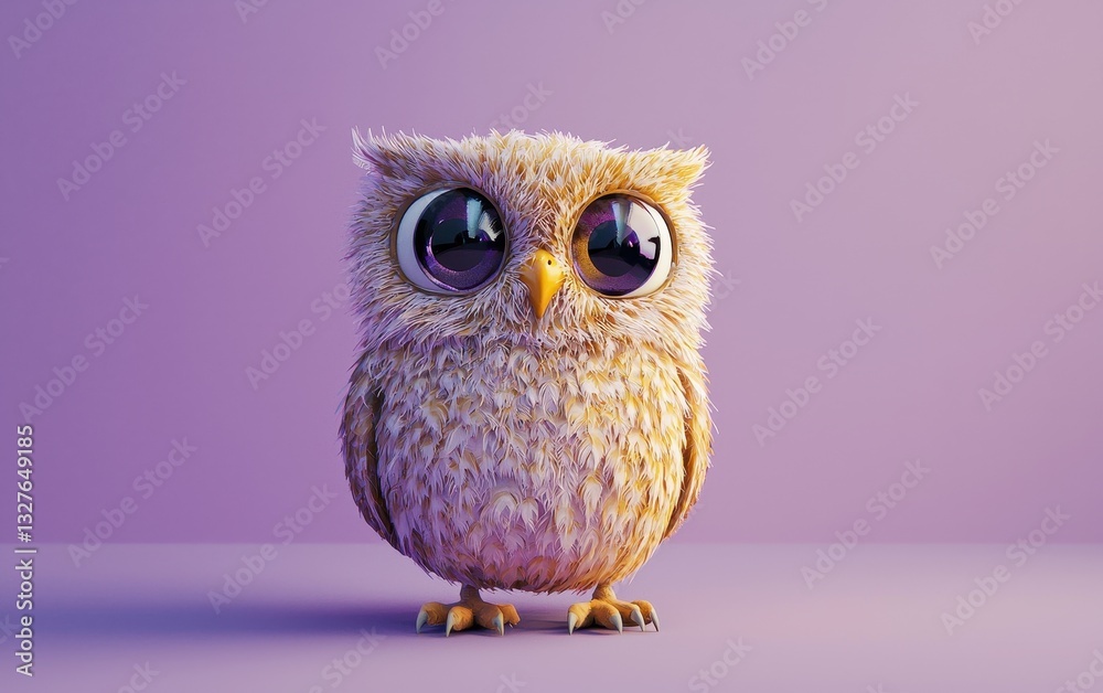 Obraz premium Round little owl with big shiny eyes, perched on a pastel lilac background