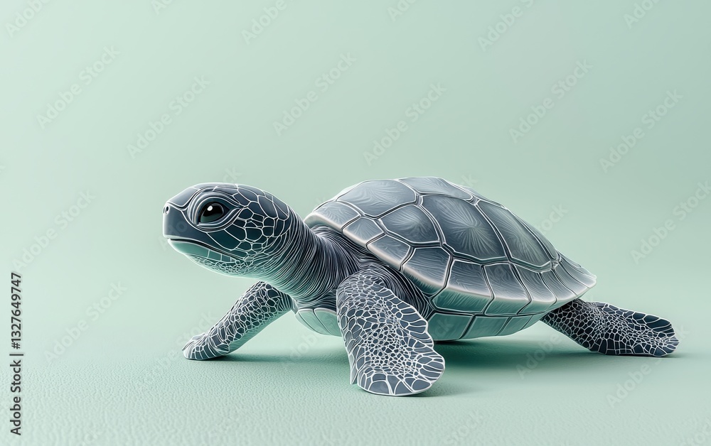 Fototapeta premium Baby turtle crawling on the beach, on a pastel light green background