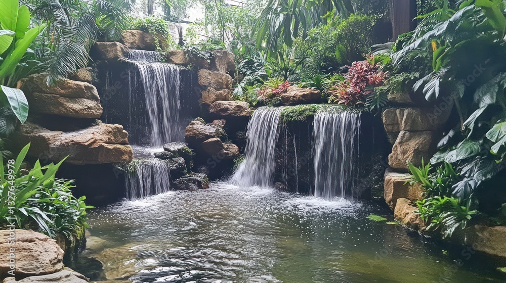 Naklejka premium Tranquil Waterfall Scene Amid Lush Tropical Foliage