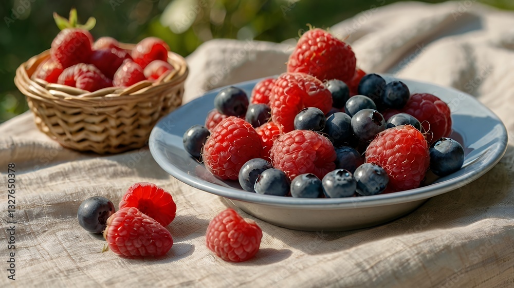 Summer picnic – a plate with an assortment of fresh berries: raspberries, blueberries, strawberries, and currants, arranged on a light linen tablecloth under the sunlight. Summer picnic – a plate with an assortment of fresh berries: raspberries, blueberries, strawberries, and currants, arranged on a light linen tablecloth under the sunlight.