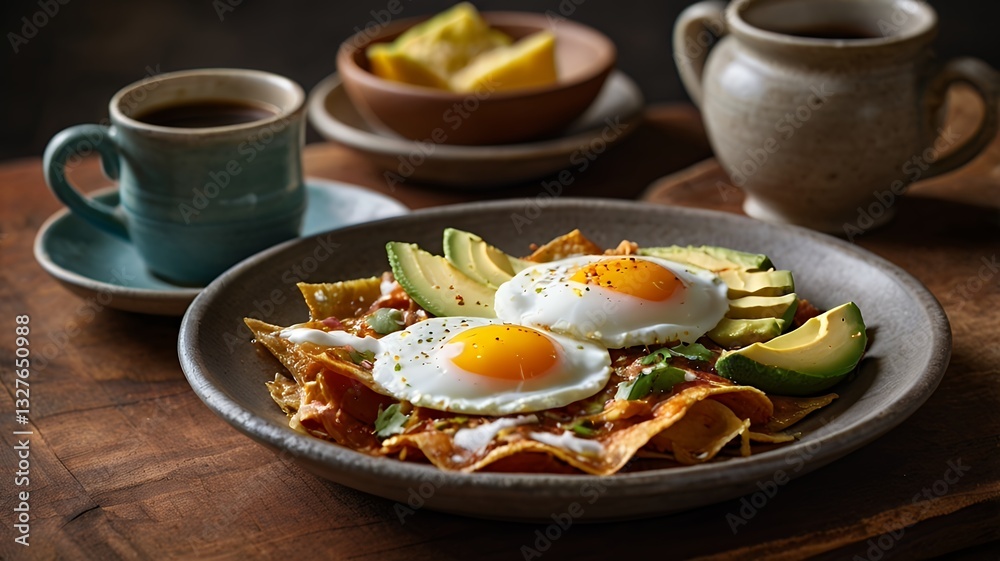 Mexican breakfast – a plate of chilaquiles: tortilla pieces stewed in a spicy sauce, with egg, cream, and avocado, served with hot coffee. Mexican breakfast – a plate of chilaquiles: tortilla pieces stewed in a spicy sauce, with egg, cream, and avocado, served with hot coffee.