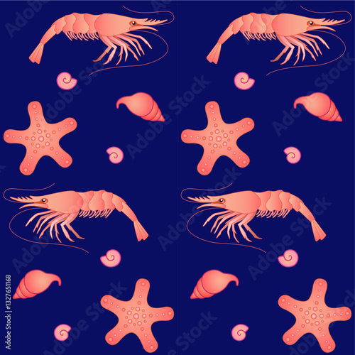 Sea inhabitants - seamless vector pattern. Shrimps, starfish and shells of pink and coral on a dark blue classic background - bright ocean seamless print with underwater animals.	