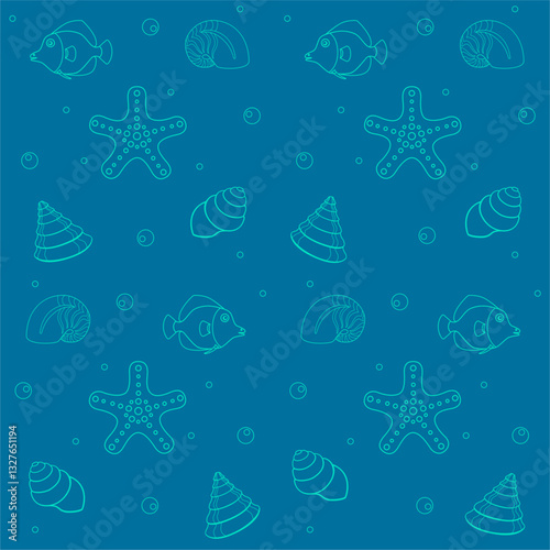 Marine, summer seamless pattern with linear fish, shells, starfish and bubbles color biscay green on a classic blue background. Vector background - inhabitants of the ocean.	