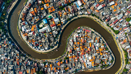 aerial view of people living by the river in Jakarta, Indonesia.