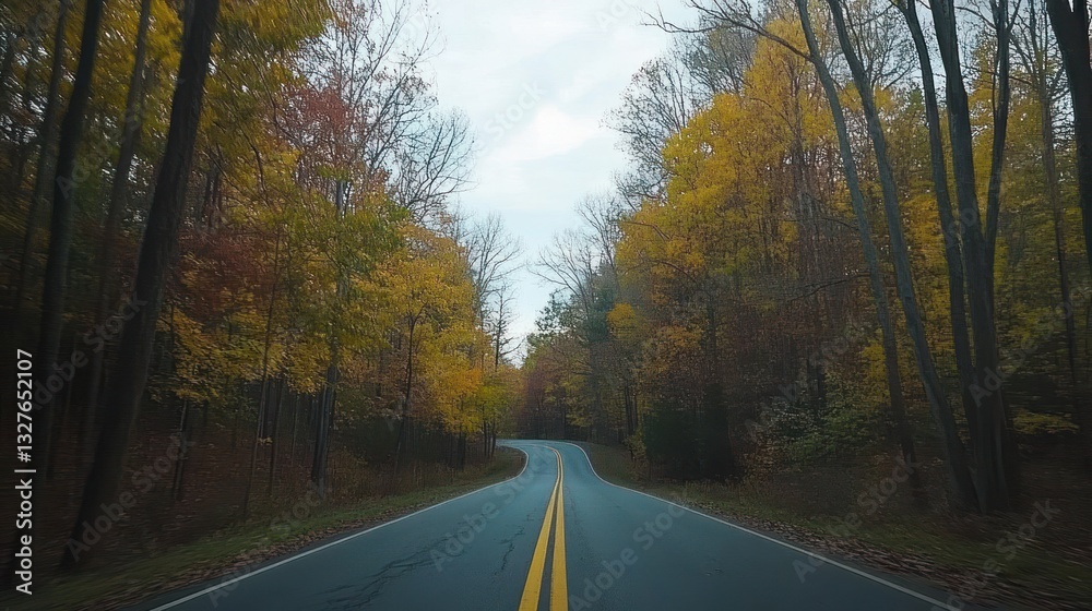 Fototapeta premium Asphalt road winds through autumn trees under a cloudy sky
