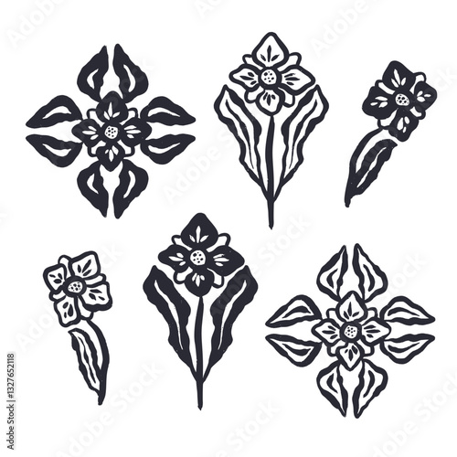 Set of black abstract inky flowers and leaves isolated on white. Monochrome sketchy textured loose floral doodles.