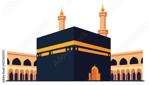 Kaaba illustration in front of mosque architecture