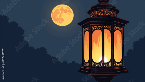 Lantern glowing under full moon against dark night sky