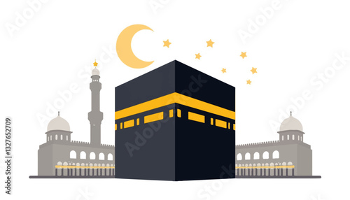 Kaaba illustration with crescent moon and stars