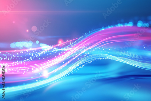 Abstract background featuring modern technology waves in a gradient of blue and pink hues, complemented by dynamic light trails in contrasting neon pink and blue. 