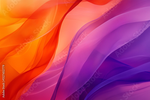 Abstract art with fluid geometric shapes, featuring a gradient transition from vibrant orange to deep purple, creating a warm, inviting atmosphere.