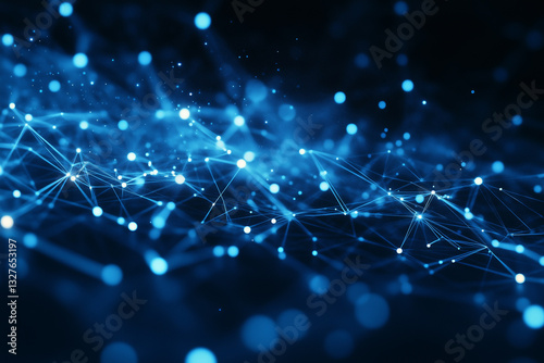 A futuristic tech background featuring a network of glowing digital connections and nodes across a dark, deep blue canvas