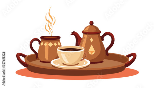 Coffee pot, cup, and jug on wooden tray