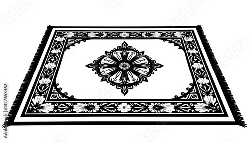 Decorative black and white rug with floral pattern