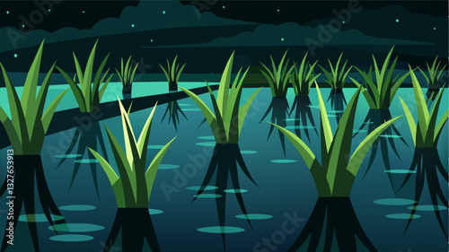 The rice paddy fields are now unrecognizable with the tops of rice stalks ly peeking out from the dark still waters that have inundated them.. Vector illustration