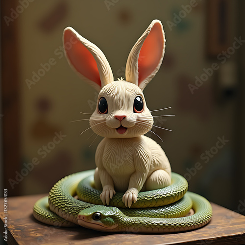 Rabbit and Snake Sculpture with Playful Charm Interacting Against Indoor Background