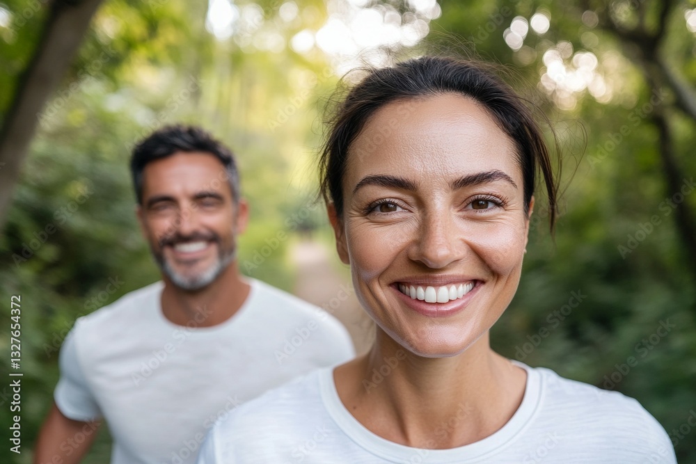 Man and woman are smiling and posing for a picture in a forest Man and woman are smiling and posing for a picture in a forest