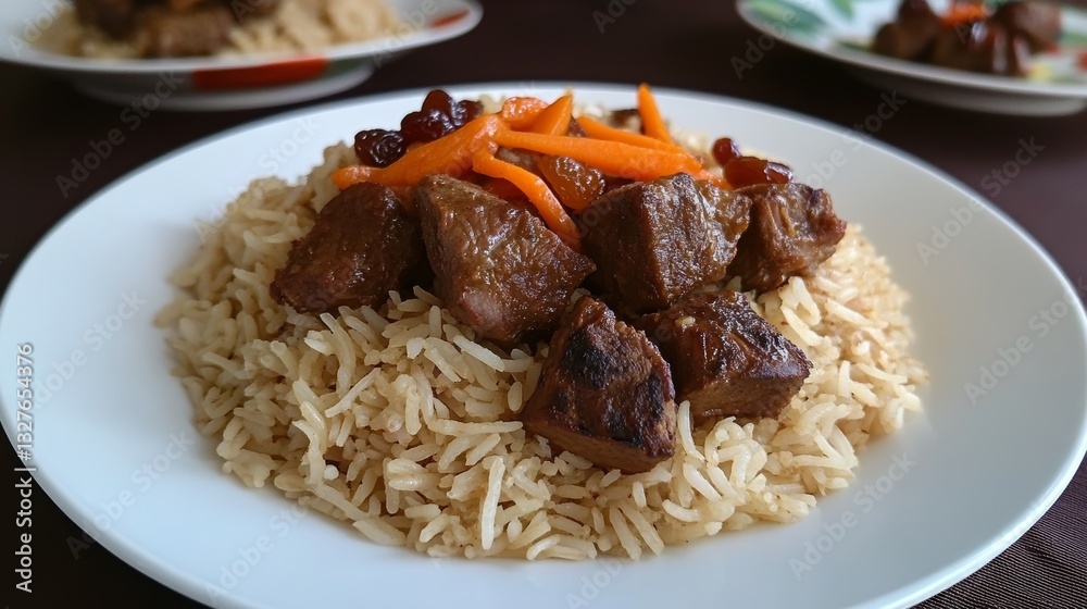 Flavorful kabuli pulao with tender lamb, raisins, and julienned carrots served on fragrant rice in a traditional Afghan setting Flavorful kabuli pulao with tender lamb, raisins, and julienned carrots served on fragrant rice in a traditional Afghan setting