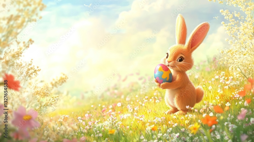 Easter Bunny Holding Colorful Egg in Spring Meadow Easter Bunny Holding Colorful Egg in Spring Meadow