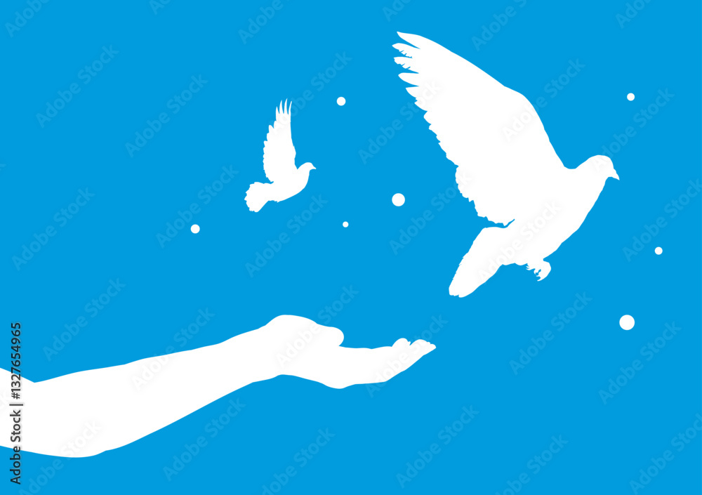 Female hand and flying dove on a blue background. Symbol of peace and freedom - vector illustration Female hand and flying dove on a blue background. Symbol of peace and freedom - vector illustration