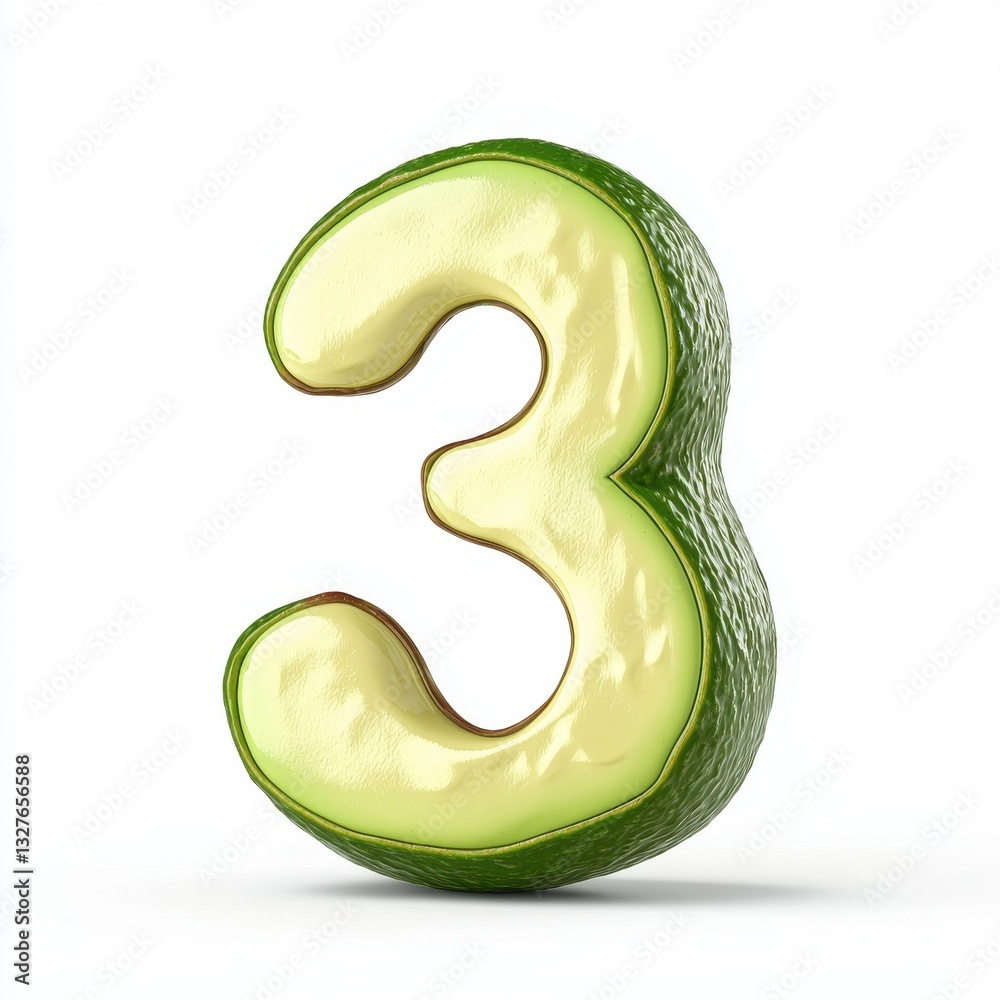 Number 3 with a creamy avocado texture, isolated on a pure white background Number 3 with a creamy avocado texture, isolated on a pure white background